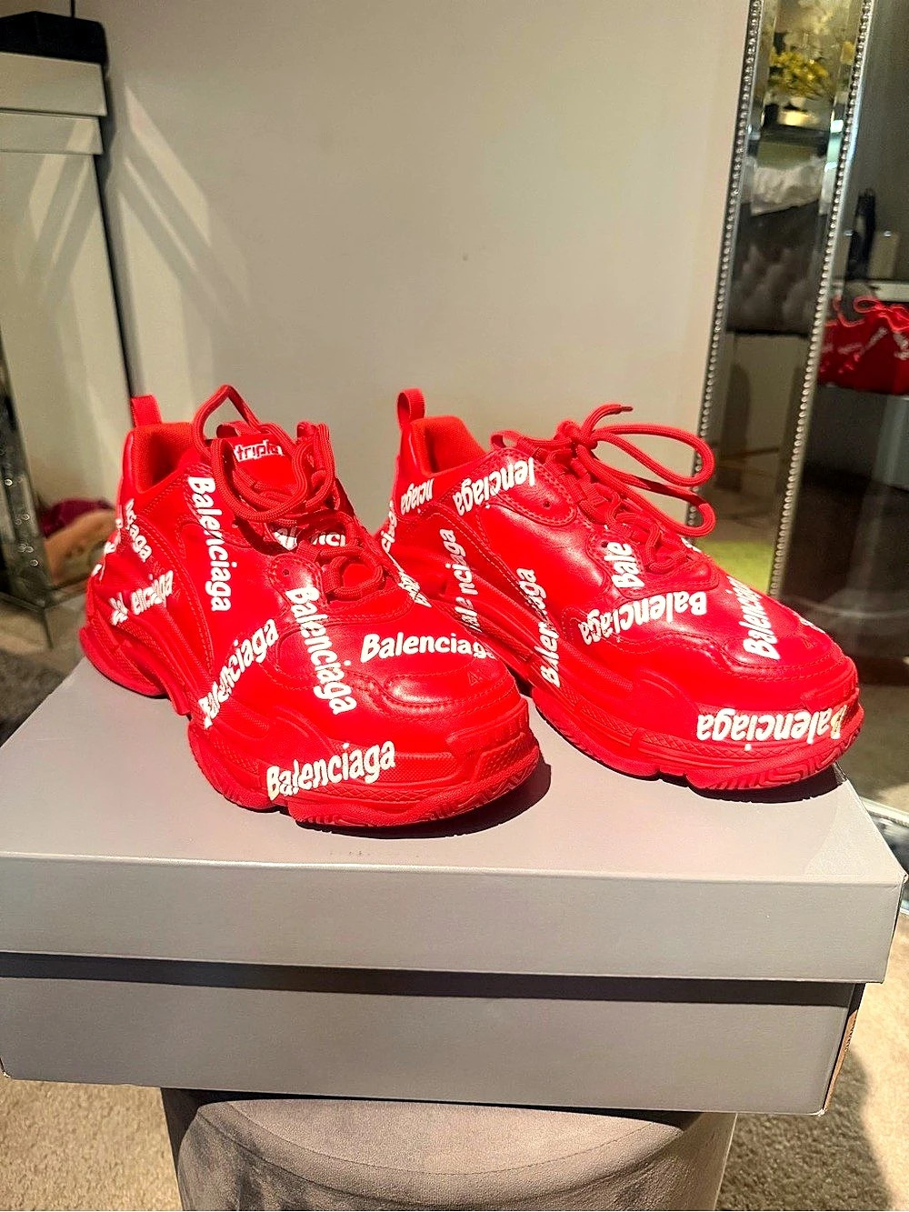 Balenciaga Triple S Allover Logo Sneaker Allover Logo Red Sneakers